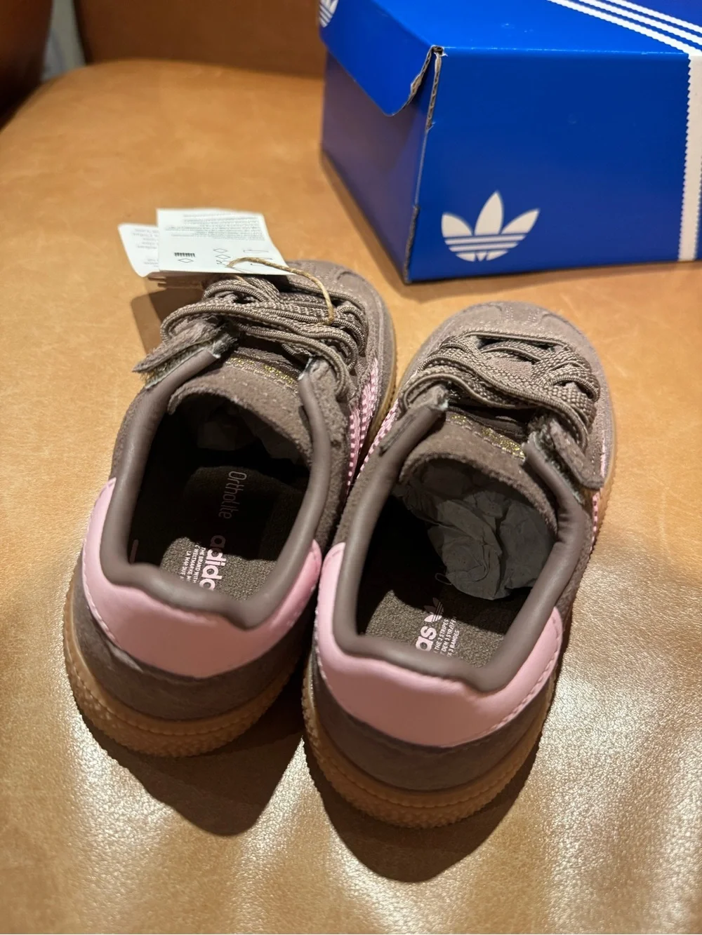 NWT size 8k adidas Gazelle Brown Suede Sneakers with Pink Stripes toddler girl